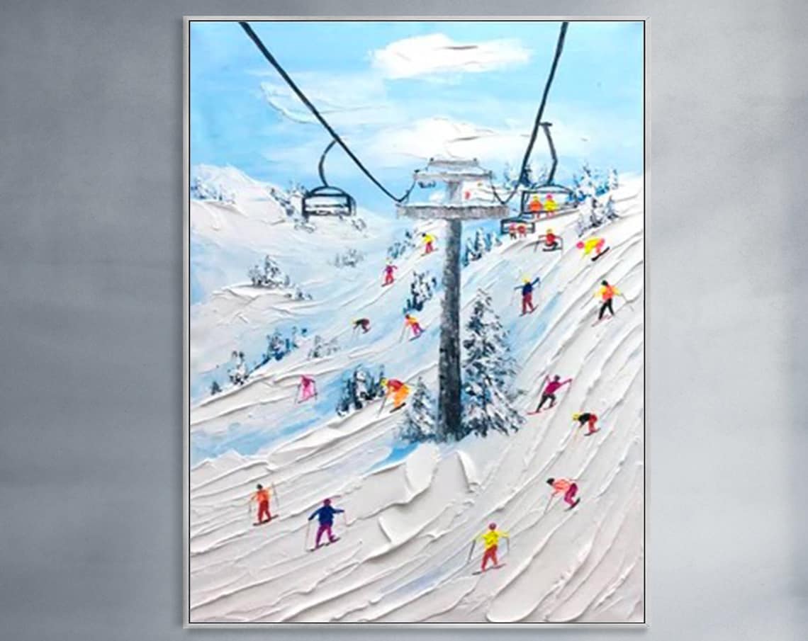Ski Slope Hill Skiers Chairlift Snowy Mountain Winter Poster