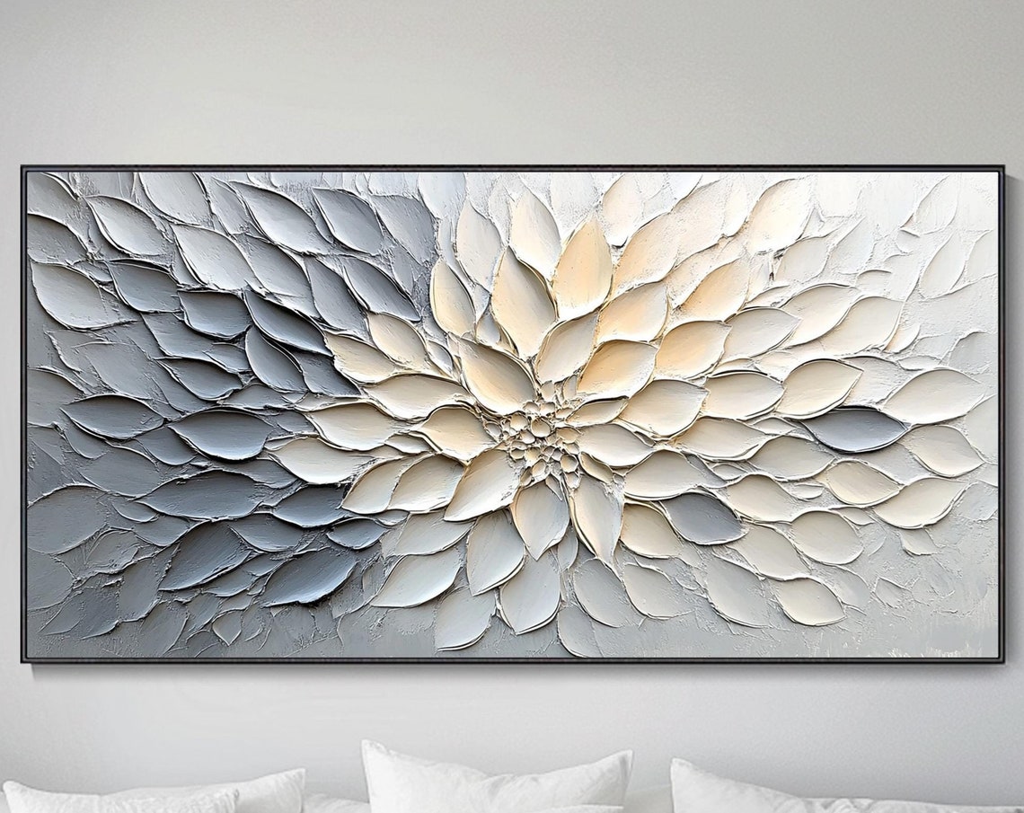 White Dahlia Abstract Flower Gray Petals Sculptural Texture Oil Poster