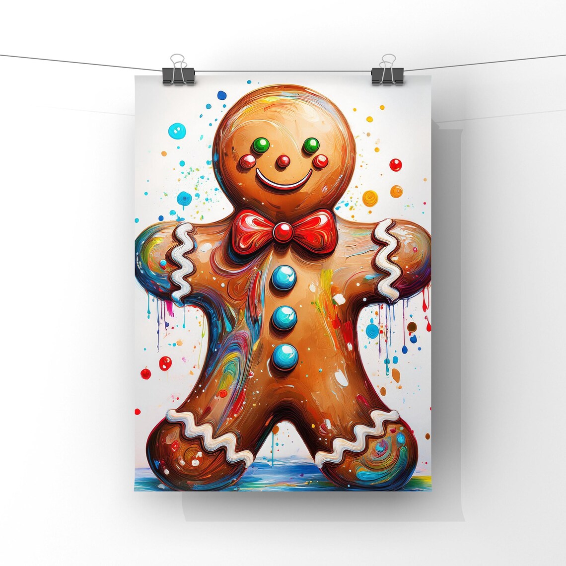Gingerbread Man with Red Bow Tie Watercolor Holiday Painting Poster