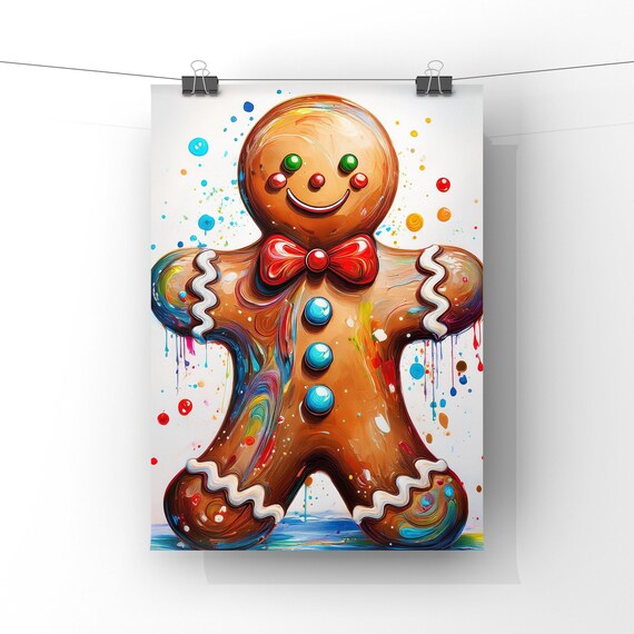 Gingerbread Man with Red Bow Tie Watercolor Holiday Painting Poster