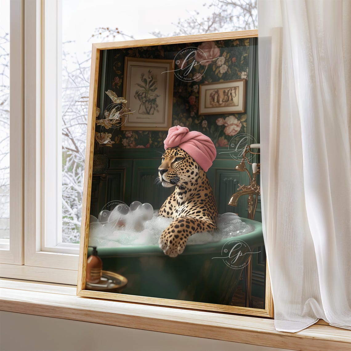 Maximalist Leopard Taking A Bath Art Print Bathroom Wall Art Bold Fun Animal Print Maximalist Bathroom Print