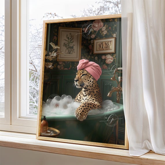 Maximalist Leopard Taking A Bath Art Print Bathroom Wall Art Bold Fun Animal Print Maximalist Bathroom Print