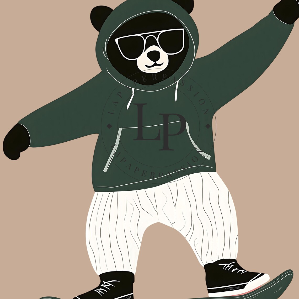 Bear in Green Hoodie Riding Skateboard Cool Kids Nursery Poster - Image 3