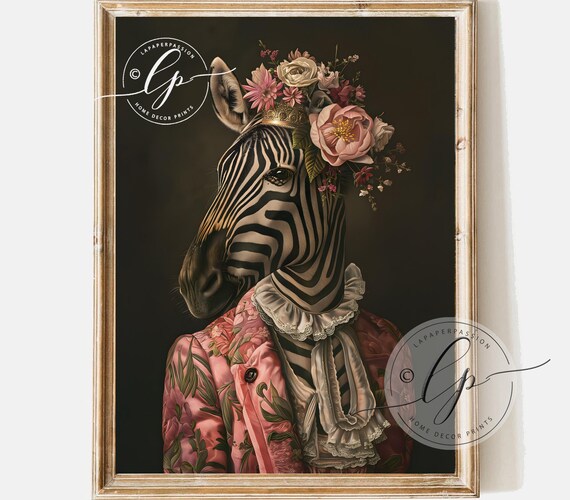 Maximalist Zebra Portrait, Vintage Floral Art