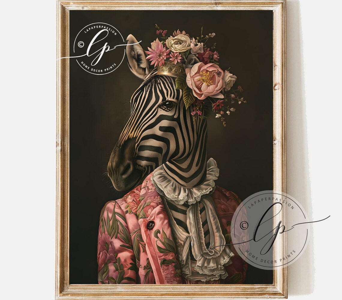 Maximalist Zebra Portrait, Vintage Floral Art
