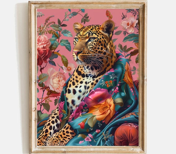 Bold Leopard Print Animal Portrait Art Dressed Animal Print Eclectic Fashionista Leopard Altered Animal Portrait Unique Animal Decor