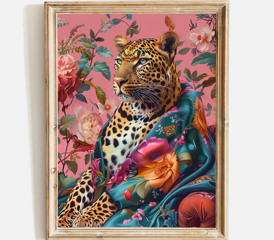 Bold Leopard Portrait With Floral Scarf Pink Maximalist Wall Art