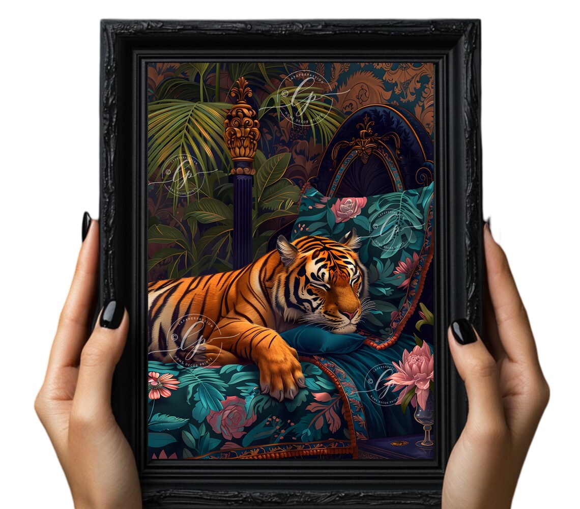 Sleeping Tiger Vintage Bed Teal Floral Bedding Jungle Wall Art - Image 2