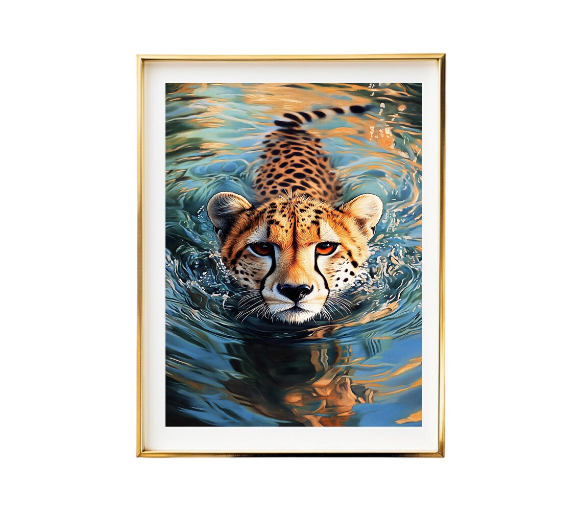 Cheetah Swimming, Maximalist Bathroom Art - Image 3