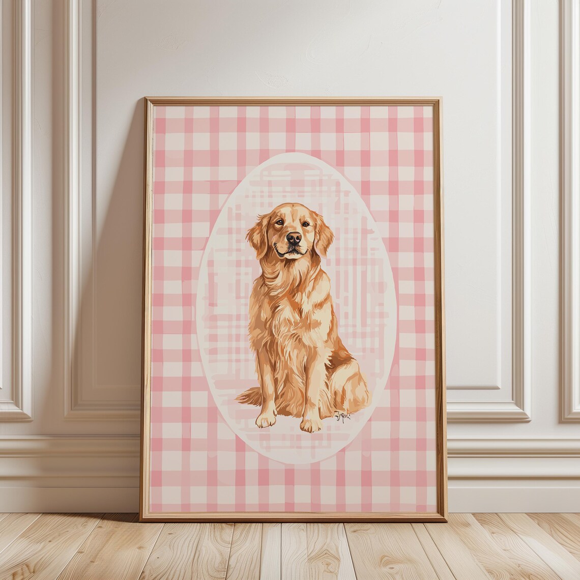 Nursery Dog Poster Pink Wall Art Golden Retriever Vintage Cute Print Kids Room Drawing Playroom Trendy Girl Decor
