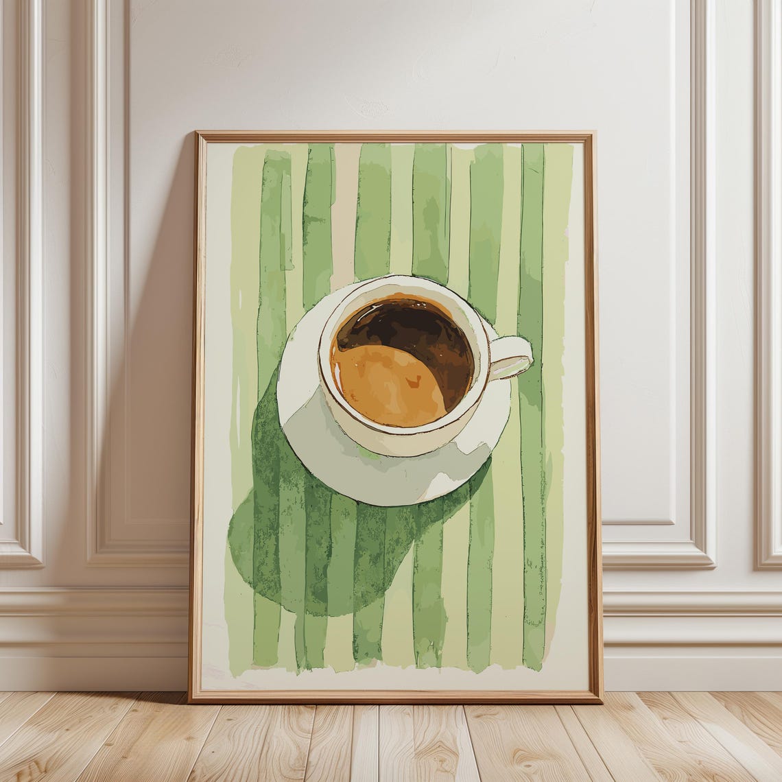 Overhead View Espresso Cup On Green Stripes Retro Coffee Art Poster