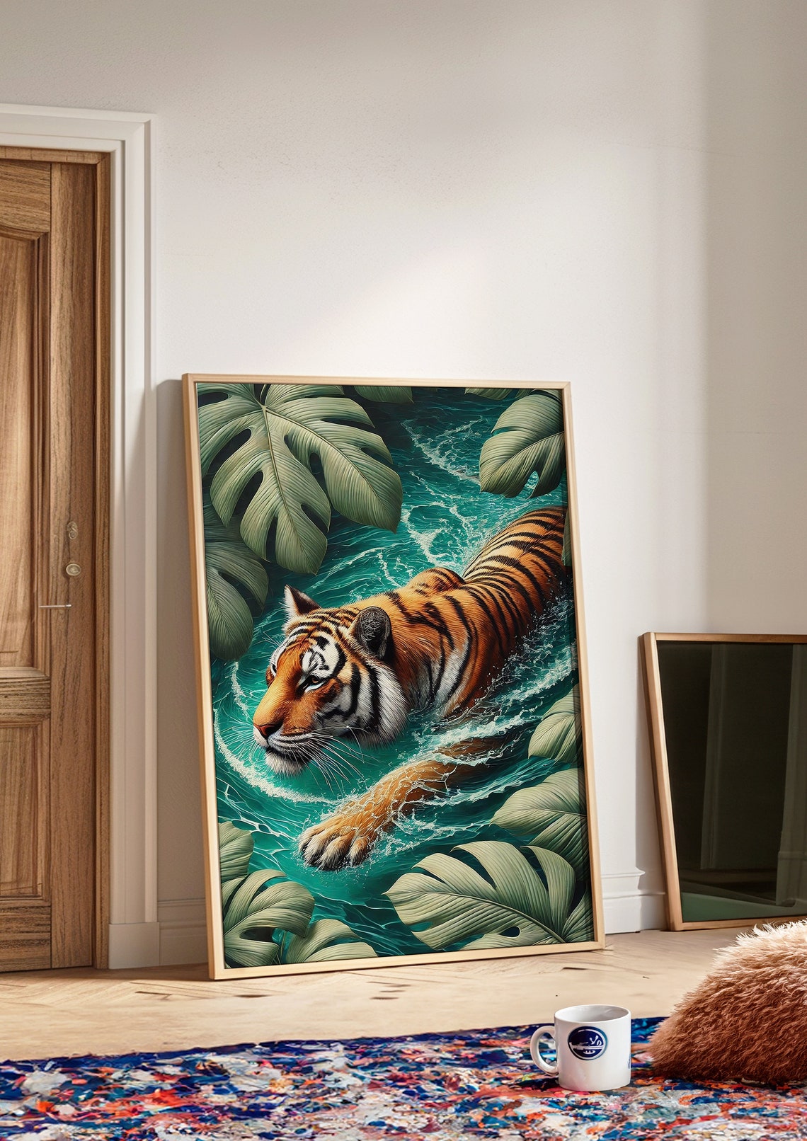 Tiger Swimming Through Turquoise Jungle Water Wildlife Art Poster - Image 3