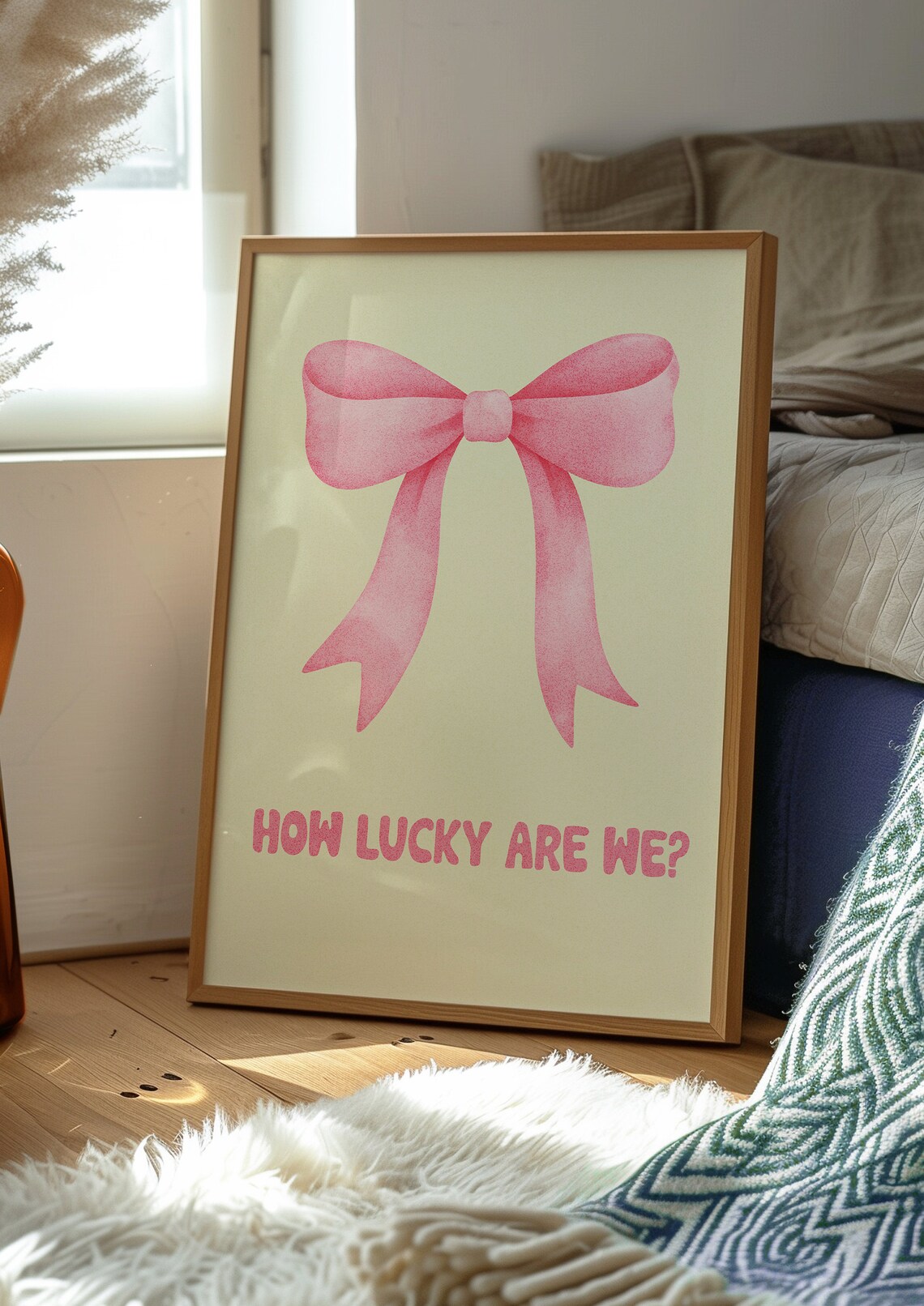 How Lucky Are We Pink Watercolor Bow Quote Poster For Girly Rooms - Image 2