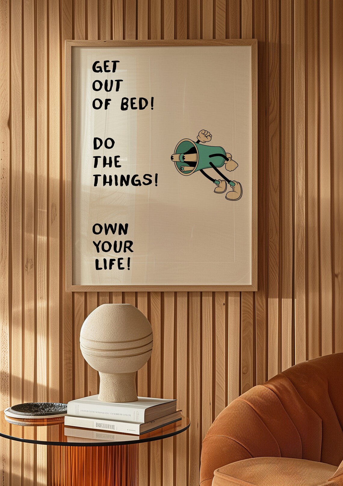 Get Out of Bed Megaphone Cartoon Funny Motivational Quote Poster - Image 3