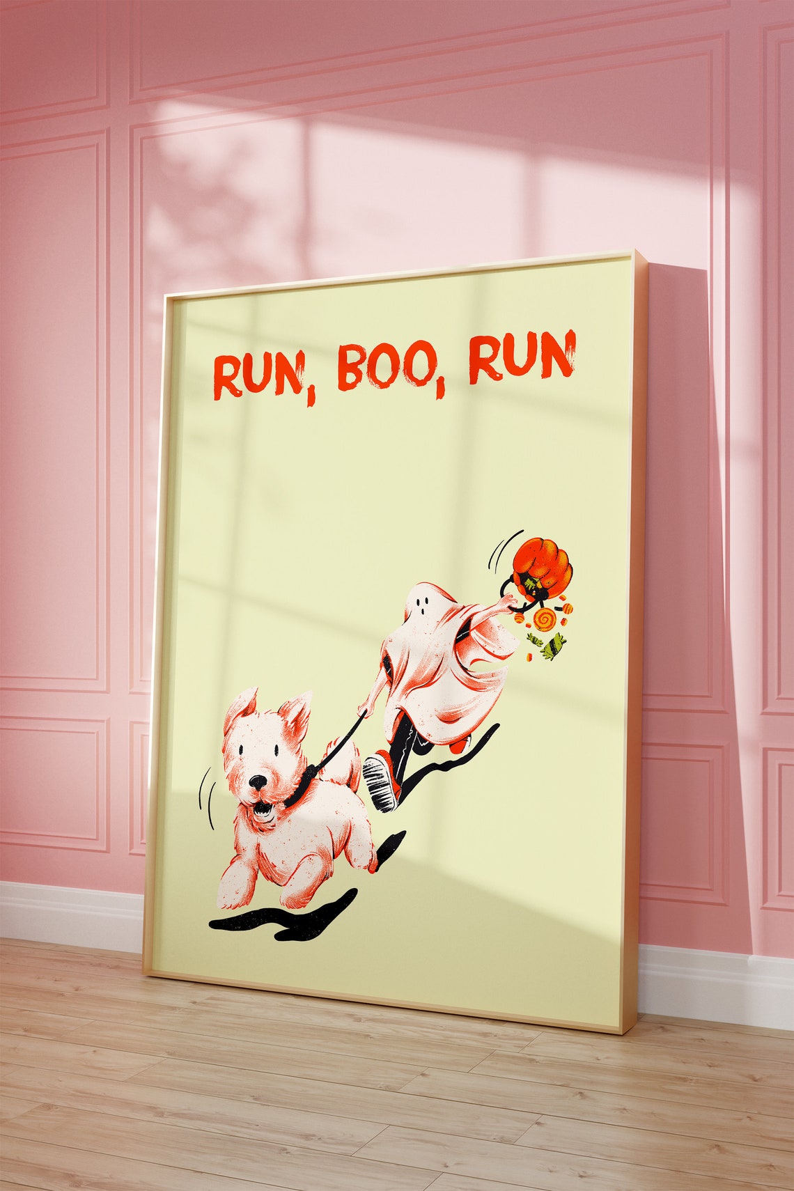 Run Boo Run Halloween Dog And Ghost Candy Chase Retro Wall Art - Image 4