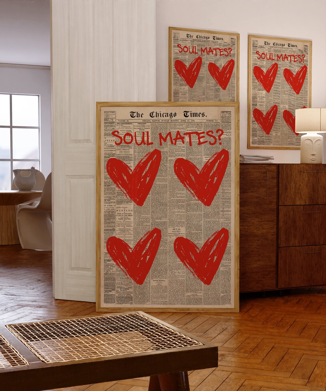 Soul Mates Chicago Times Vintage Newspaper Red Hearts Love Poster - Image 3