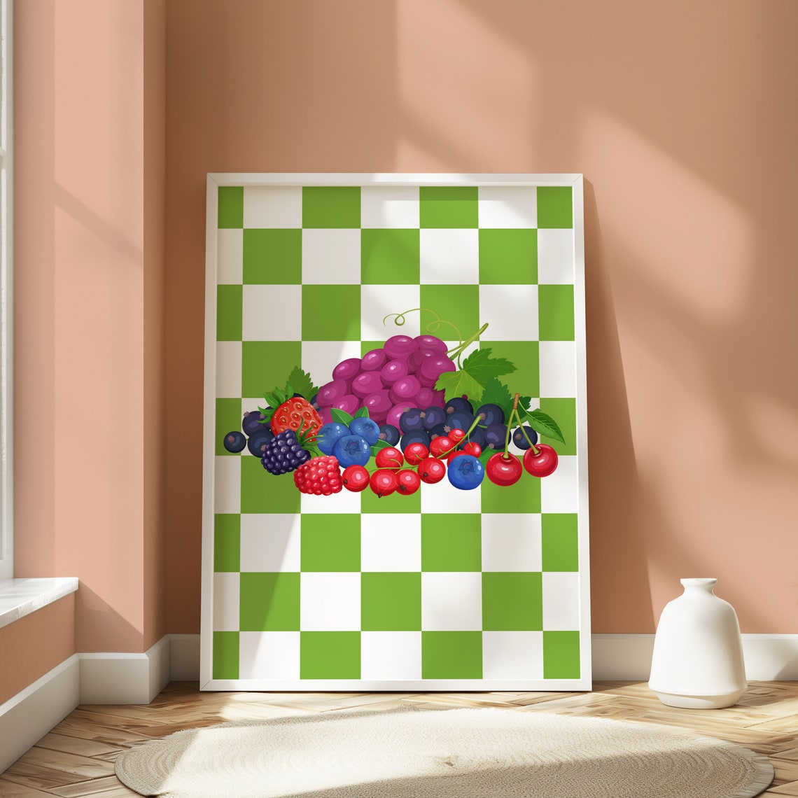 Checkerboard Juicy Fruit Pile Retro Green Kitchen Food Poster - Image 2