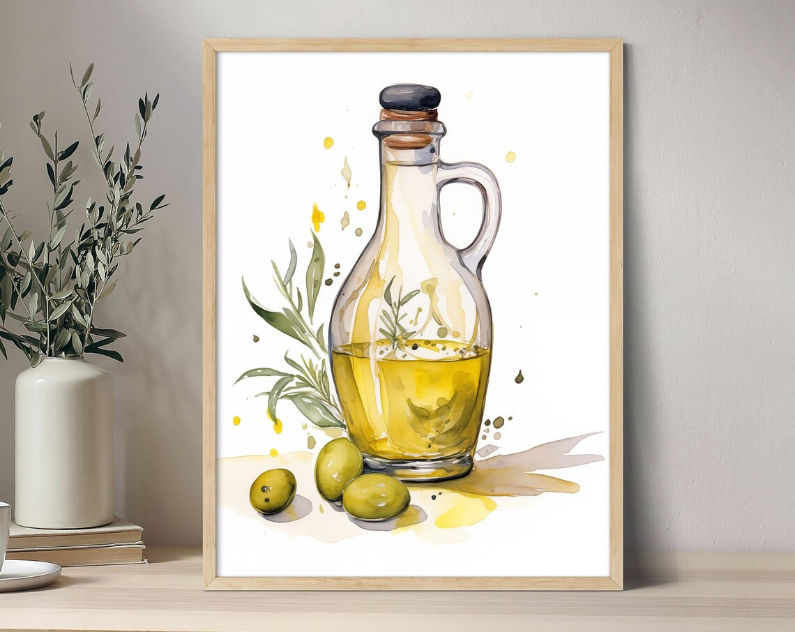 Olive Oil Bottle Watercolor Green Olives Mediterranean Kitchen Poster