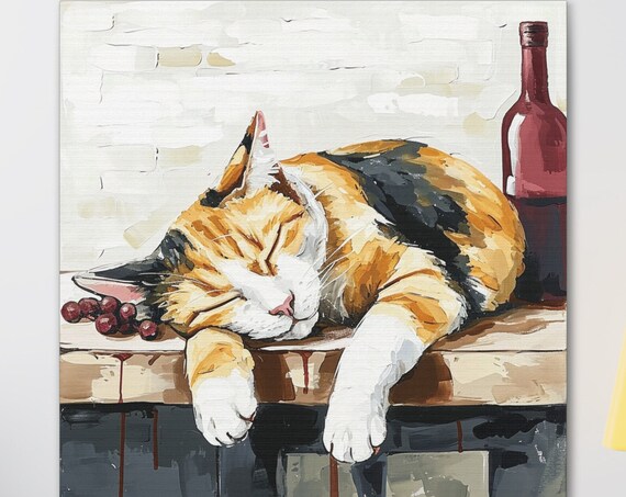 Calico Cat Sleeping Next to a Wine Bottle Oil Painting Poster