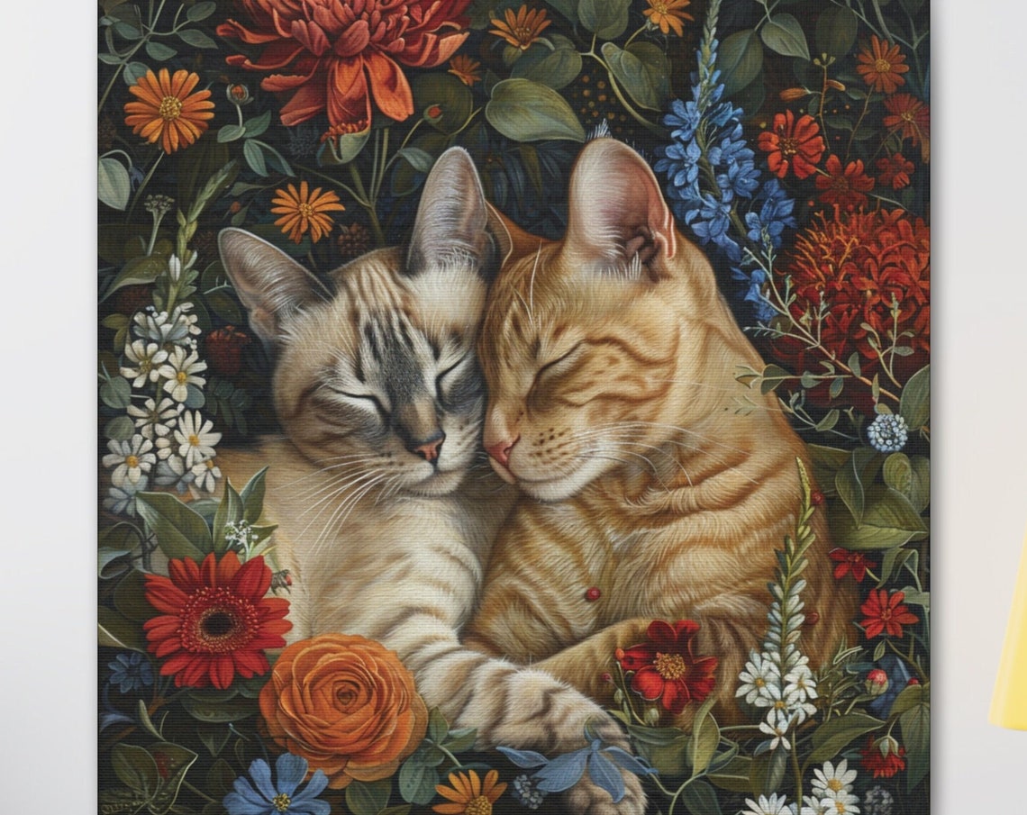 Two Cuddling Cats Napping Among Vibrant Wildflower Blooms Poster
