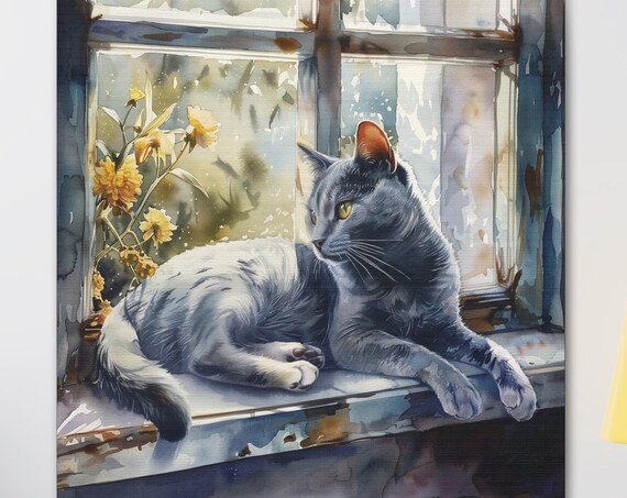 Russian Blue Gray Cat Lounging on Sunny Windowsill Watercolor Poster