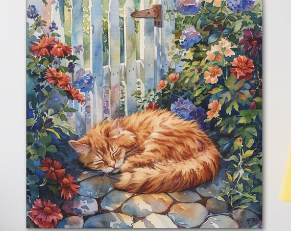 Orange Longhair Cat Napping in a Garden by a Wooden Fence Poster