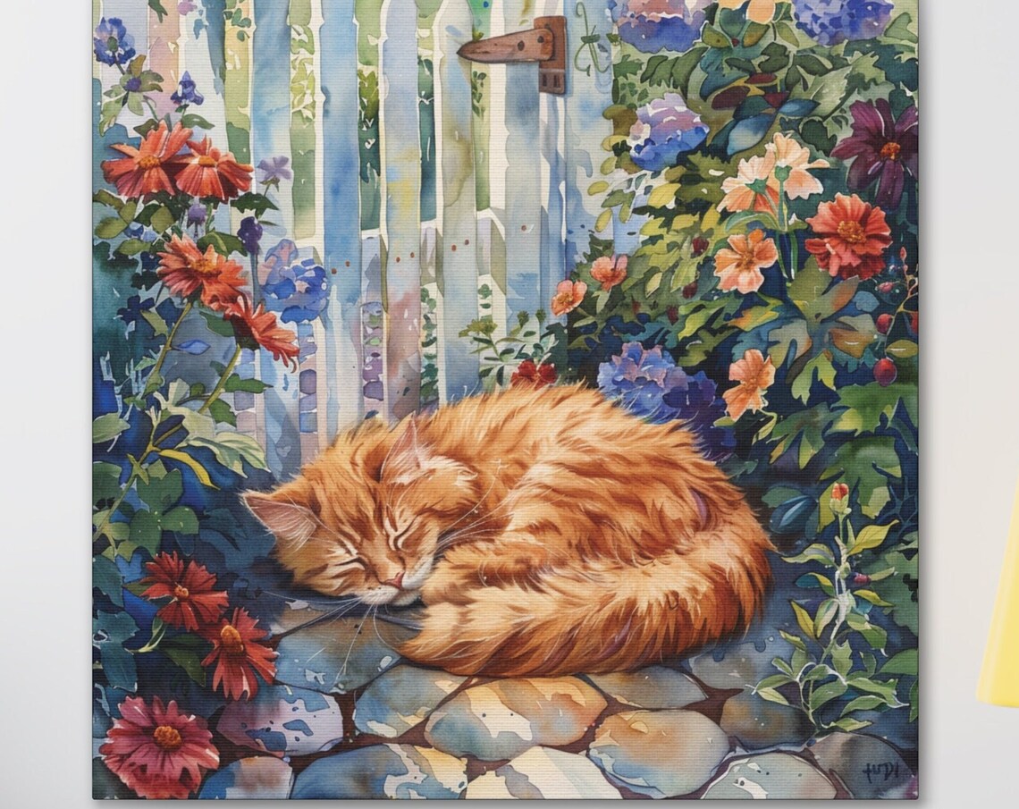 Orange Longhair Cat Napping in a Garden by a Wooden Fence Poster