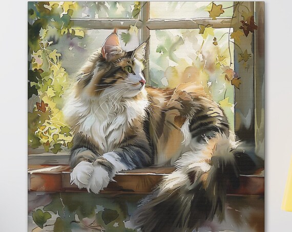 Fluffy Calico Cat Lounging on a Sunny Window Sill Scene Poster
