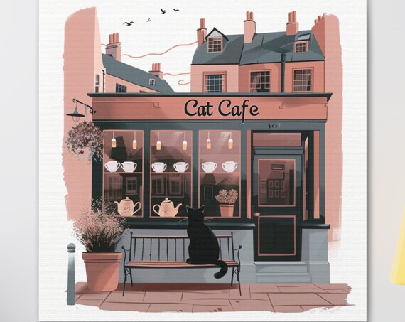 Cat Cafe Storefront With Black Cat on Bench Coffee Shop Poster