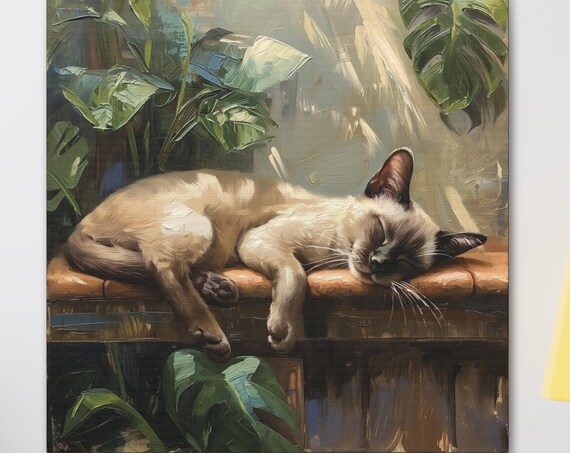 Sleeping Siamese Cat on a Wooden Bench Surrounded by Monstera Poster