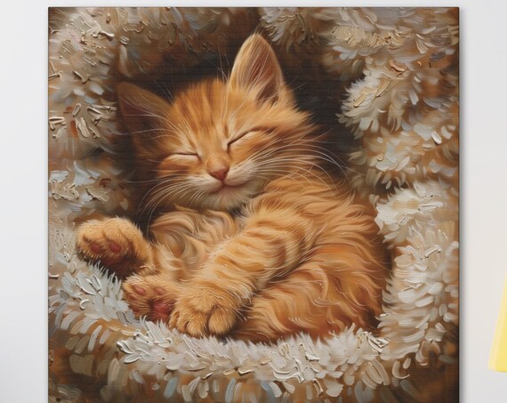 Sleeping Ginger Kitten Curled in Fluffy Blanket Oil Painting Poster