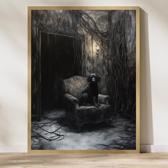 Gothic Black Dog Moody Poster Dark Armchair Haunted Vines Room Art