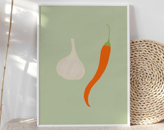 Chili And Garlic Illustration Colorful Kitchen Print Wall Art