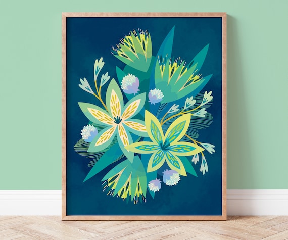 Bright Boho Flower Art Navy And Green Flower Art Tropical Plant Art Botanical Print Flower Print Maximalist Decor