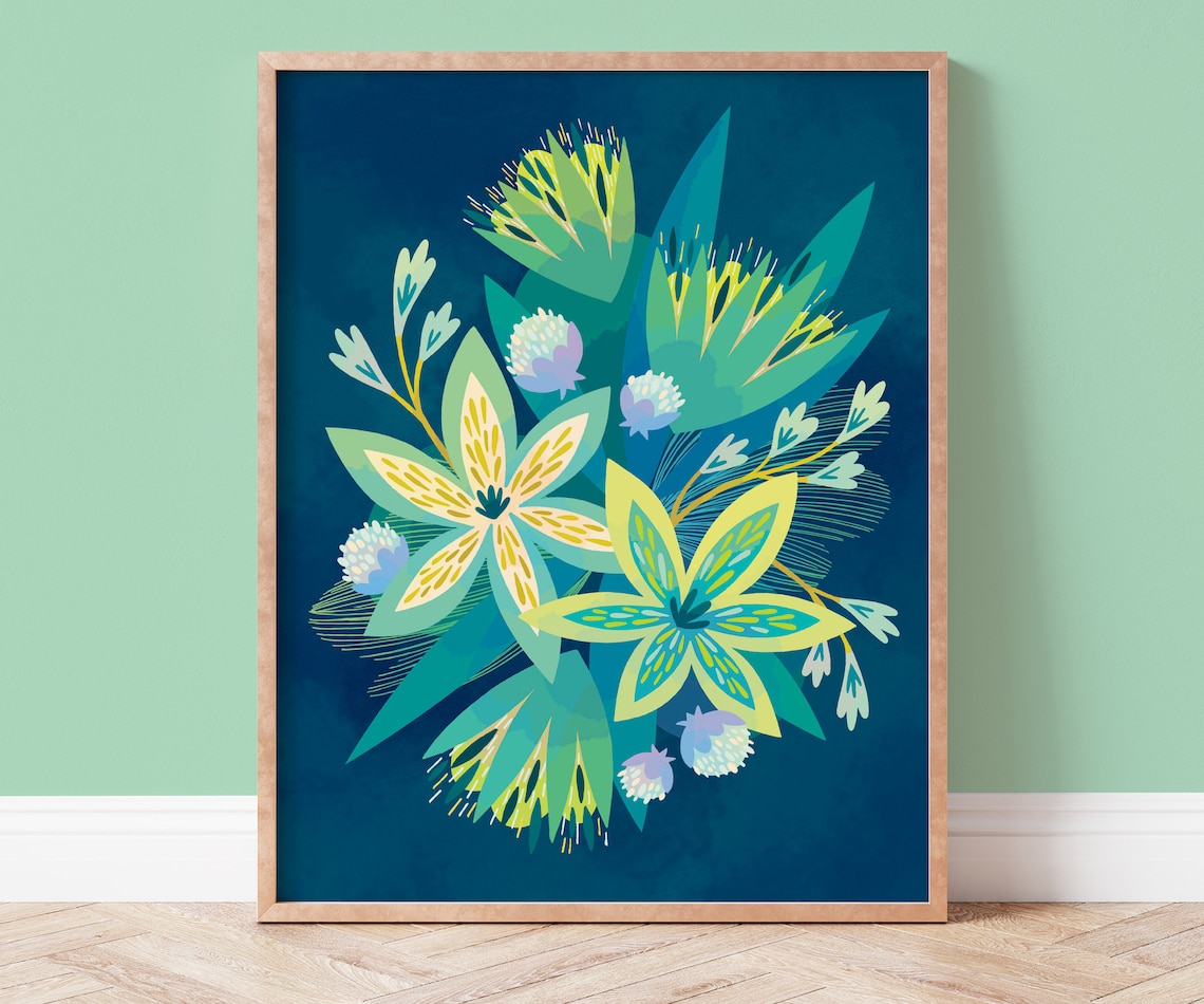 Deep Navy Tropical Plant Illustration Modern Botanical Poster