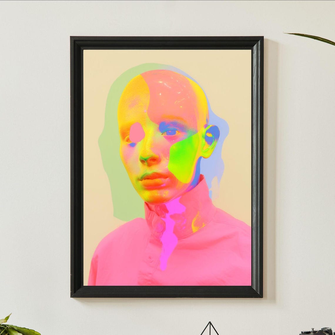 Even Deeper Neon Mannequin Head Pink Green Yellow Pop Art Print