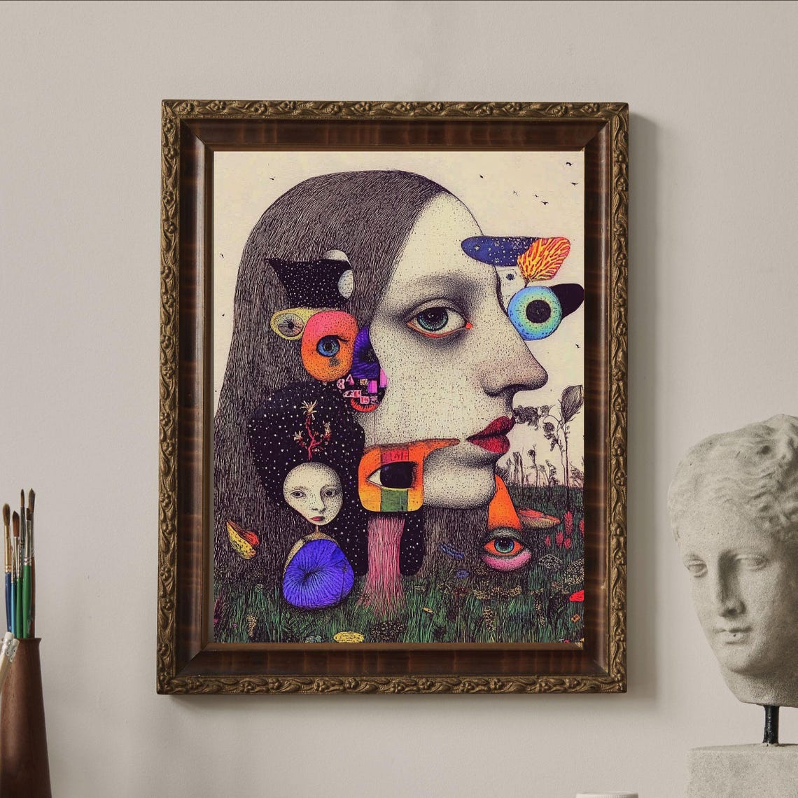 Surreal Giant Woman Profile Floating Eyes Dreamlike Ink Art Poster