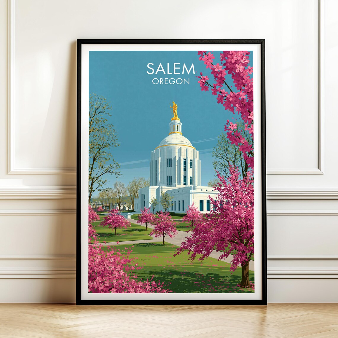 Salem Oregon Vintage Travel Capitol Cherry Blossom Poster Art