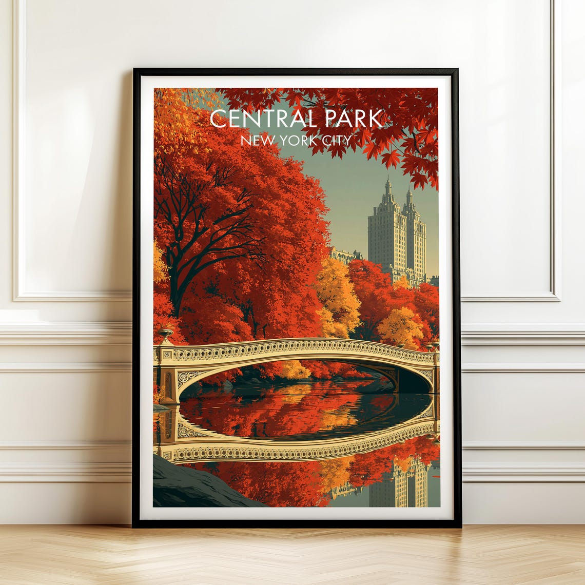 Central Park New York City Autumn Bow Bridge Vintage Travel Poster
