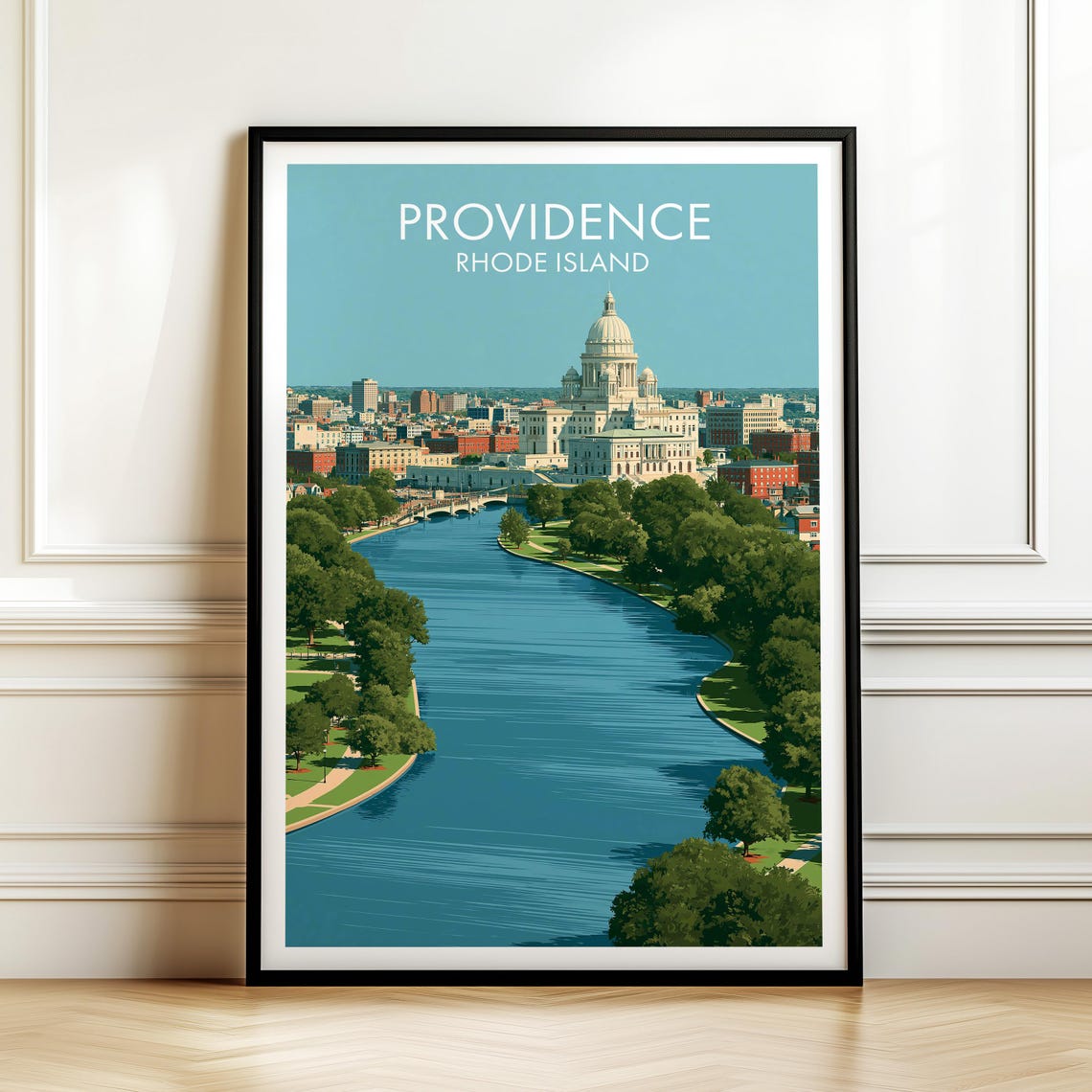 Providence Rhode Island Capitol Skyline River Vintage Travel Poster