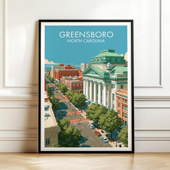 Greensboro North Carolina Poster Vintage Usa Cityscape Travel Wall Art American Landmark Print Americana Decor