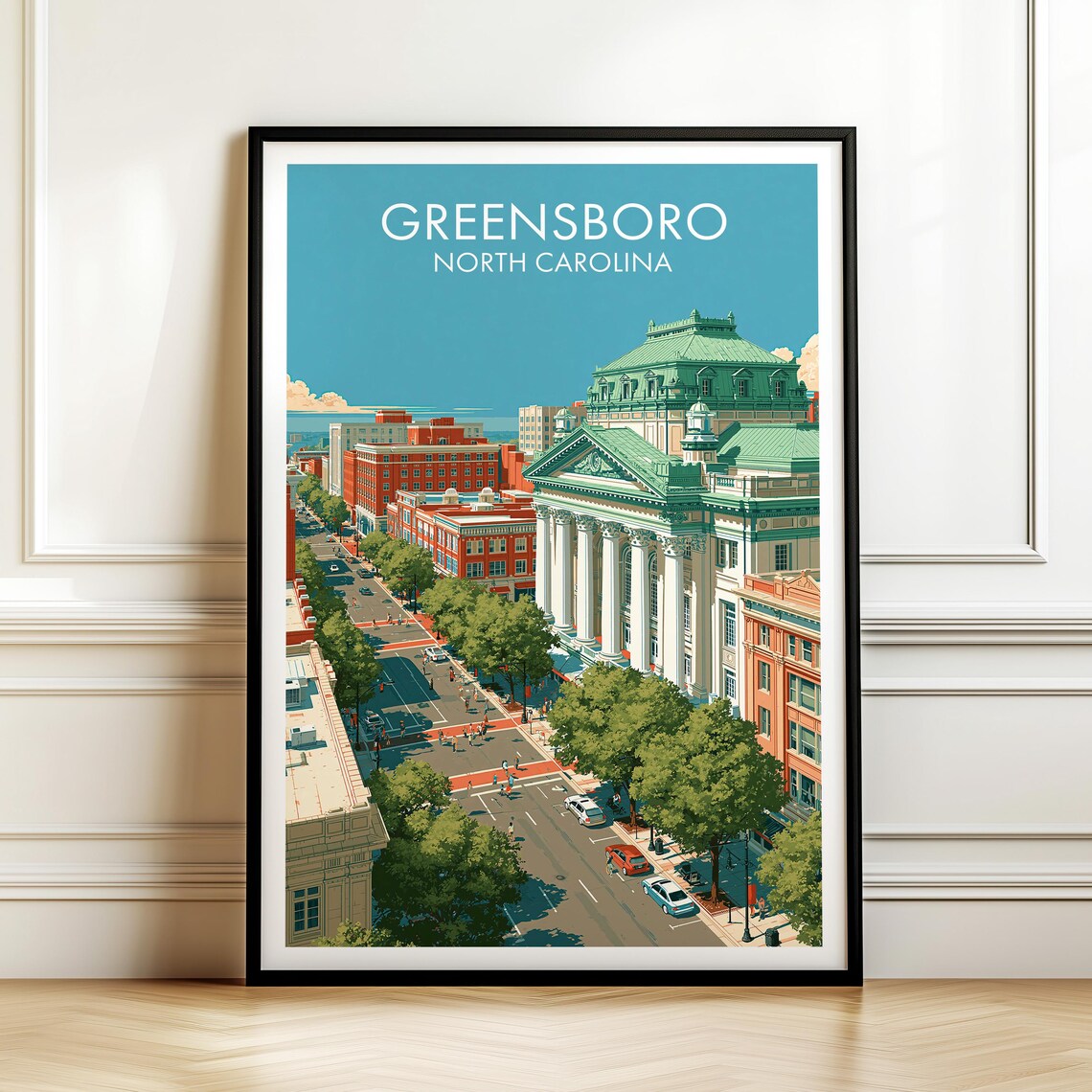 Greensboro North Carolina Vintage Downtown City Travel Poster