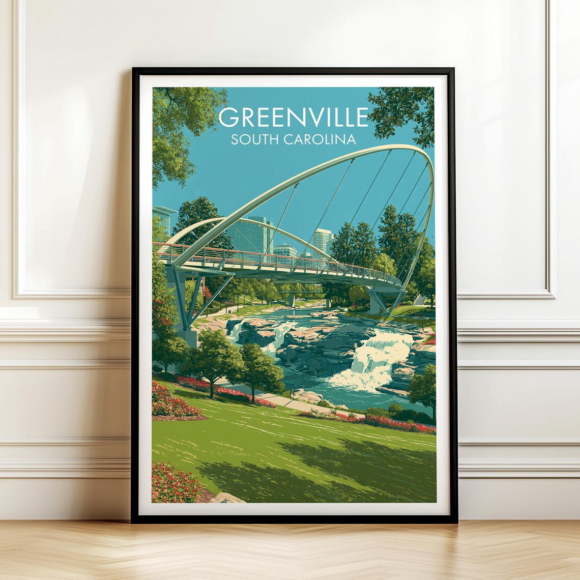 Greenville South Carolina Liberty Bridge Falls Travel Poster