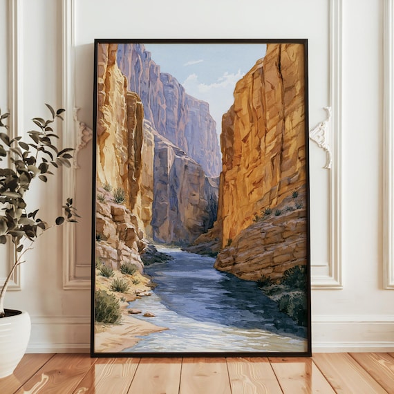 Big Bend National Park River Canyon Golden Watercolor Nature Poster