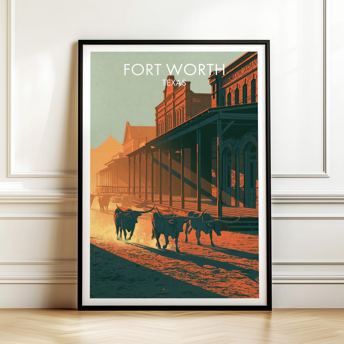 Fort Worth Texas Longhorn Cattle Drive Western Travel Poster