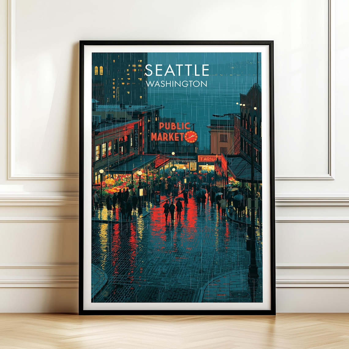 Seattle Washington Public Market Rainy Night City Travel Poster