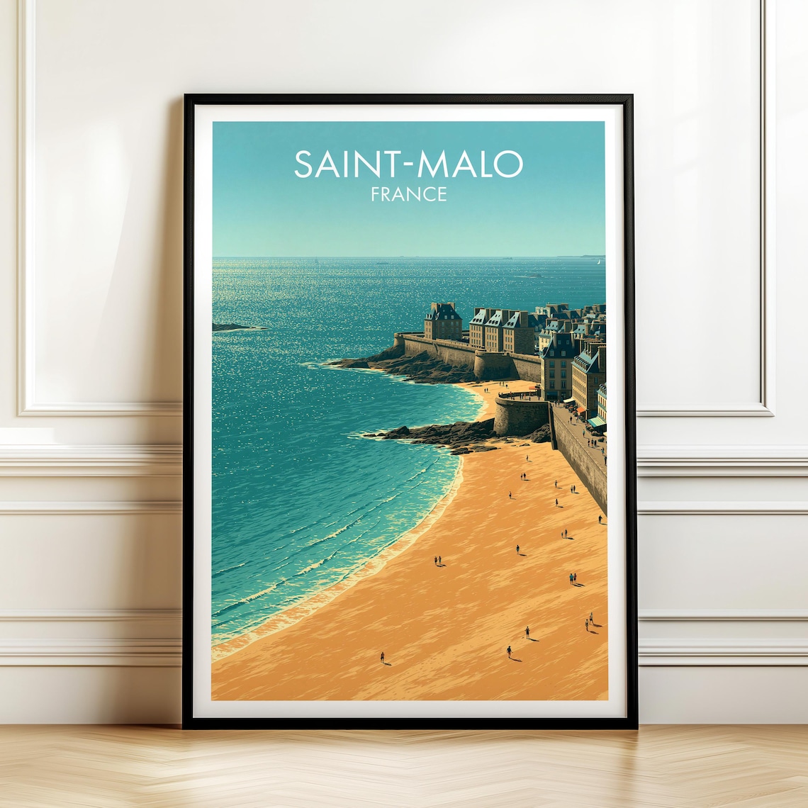 Coastal Saint-Malo France Beach and Ramparts Vintage Travel Poster