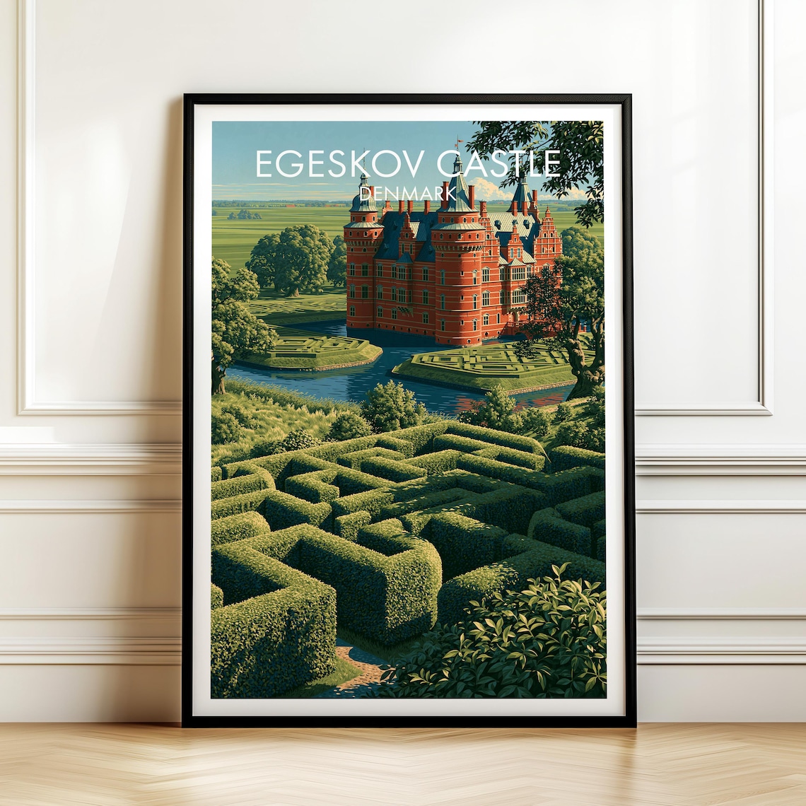 Egeskov Castle Denmark Vintage Red Brick Maze Garden Travel Poster