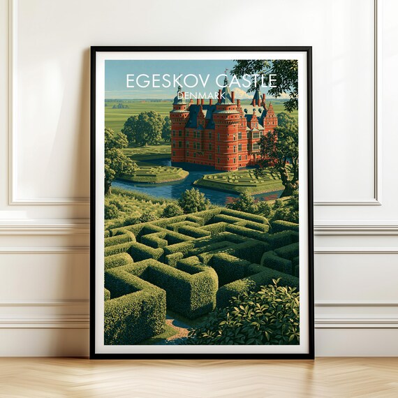 Egeskov Castle Denmark Vintage Red Brick Maze Garden Travel Poster