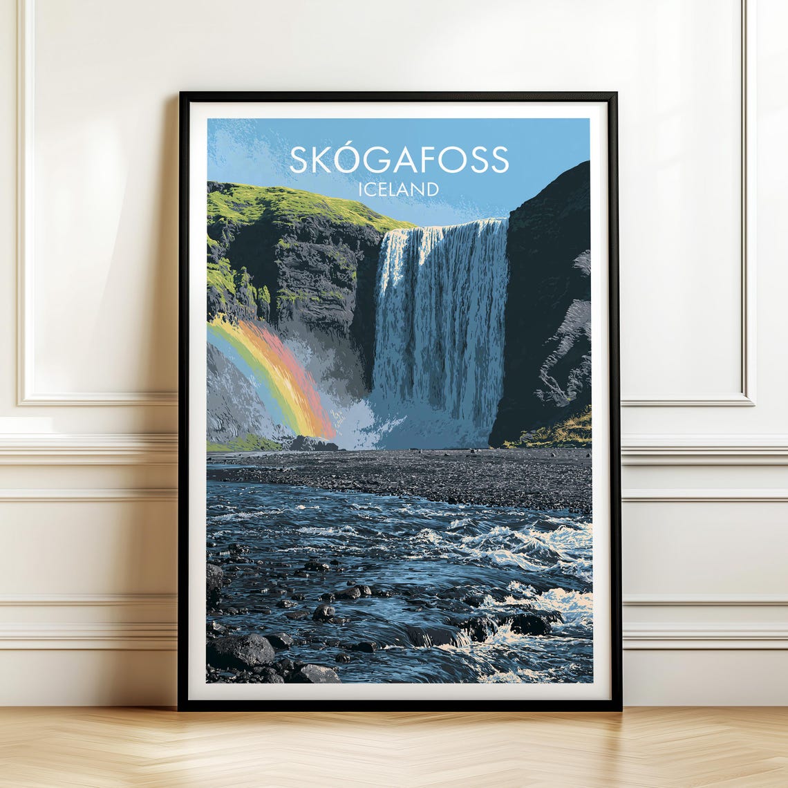 Skogafoss Iceland Vintage Travel Poster Waterfall Rainbow View